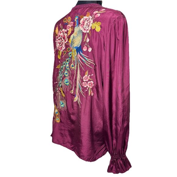 Johnny Was Workshop XL Purple Silk Peacock Quito Blouse Embroidery Button V Neck - Picture 6 of 12